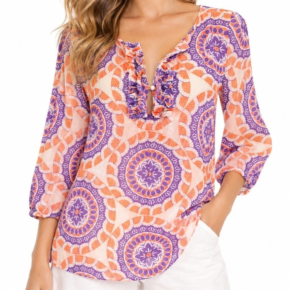Calypso St Barth Medallion Print Ruffle Blouse Orange Purple Boho Top XS
